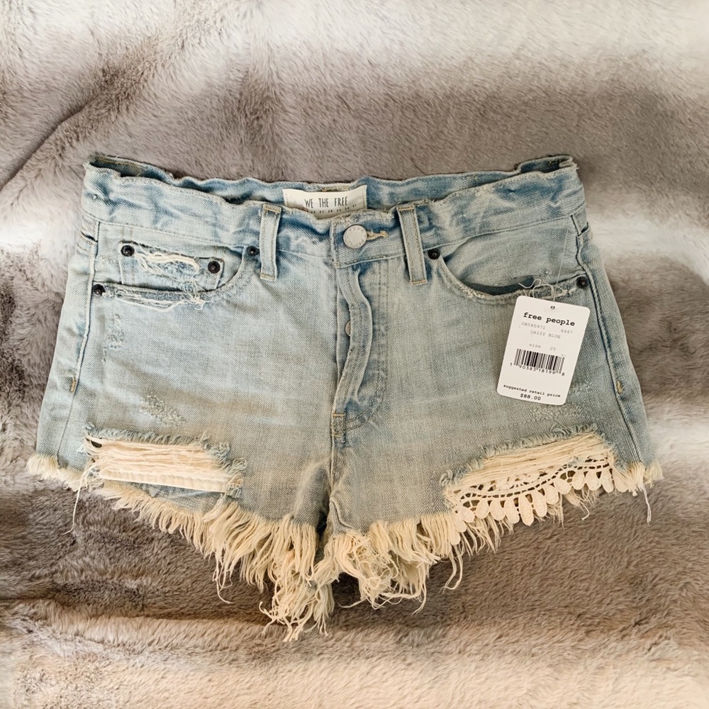 Free People Light Wash Lace Trim Jean Shorts